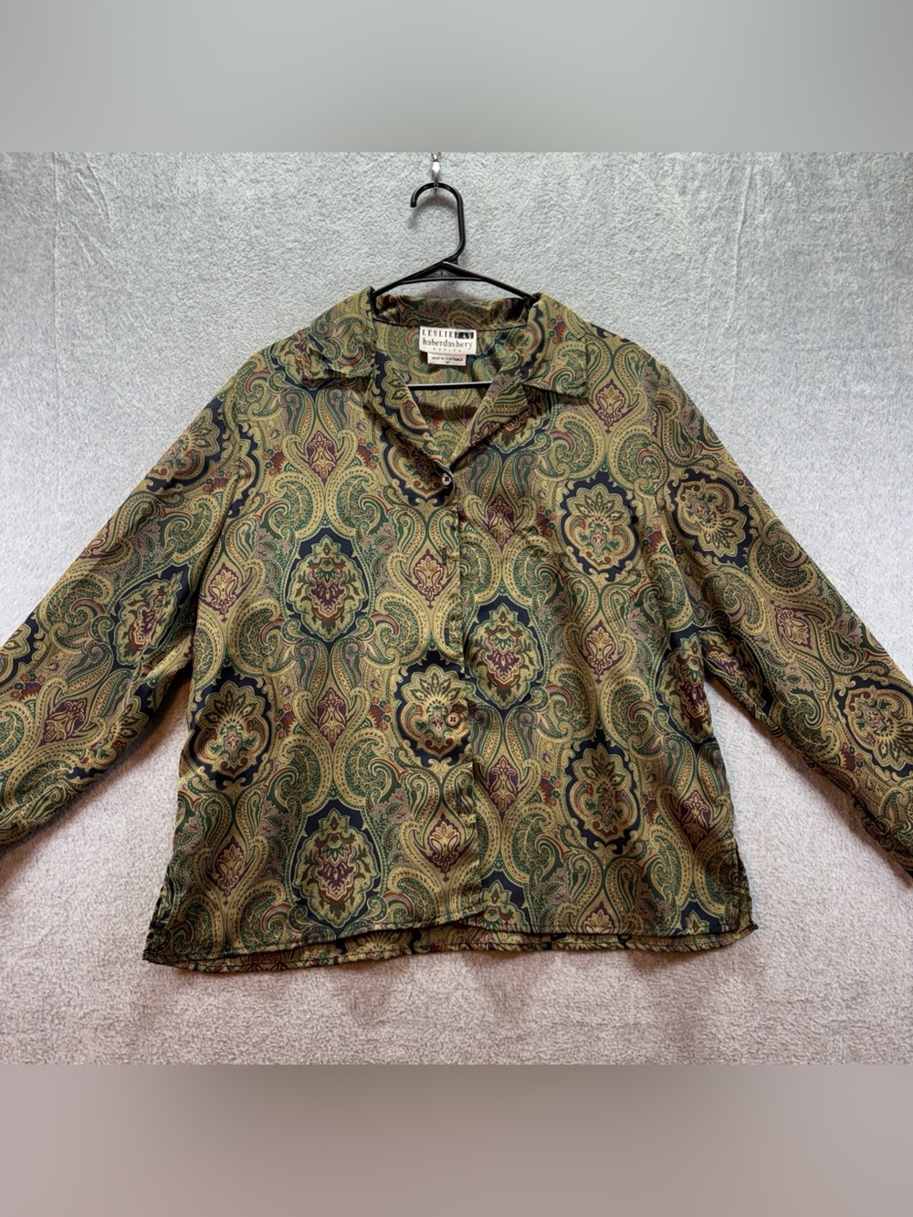 Vtg Leslie Fay haberdashery Green Paisley Women's 14P Button Down Blouse